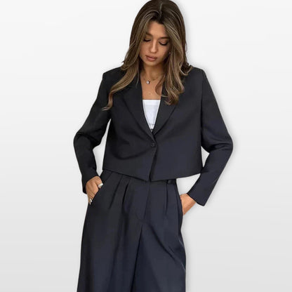 Women 2 Piece Cropped Blazer Wide Leg Pant Suit Set - Image 3