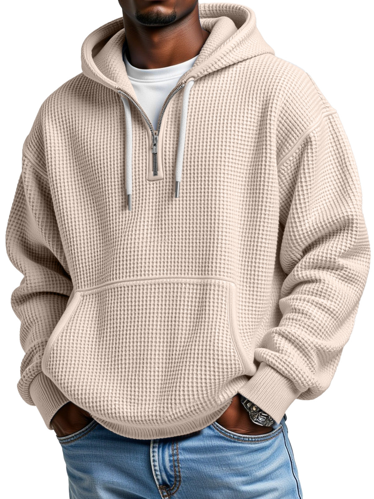 Theron - Sweat à capuche d'hiver pour homme avec demi-fermeture éclair