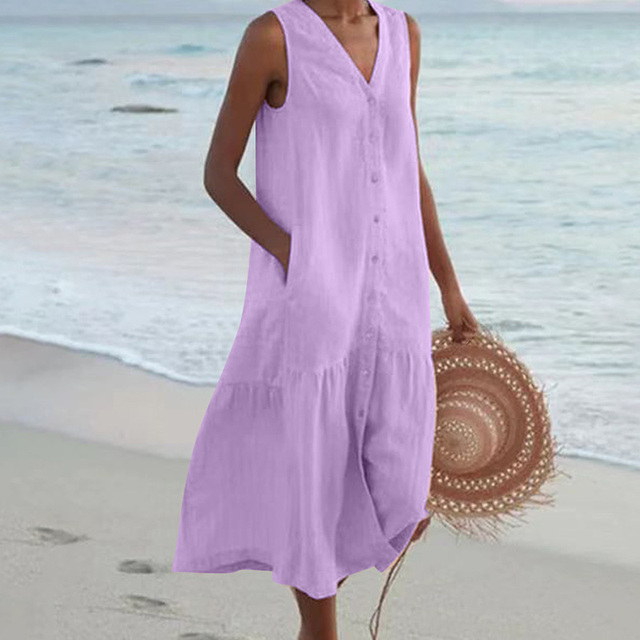 Women Sleeveless V-Neck Button Front Midi Dress Summer - Image 7