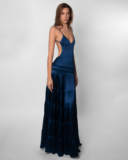 Leanne - Abito lungo elegante da donna con scollo a V e ritaglio, vestibilità aderente