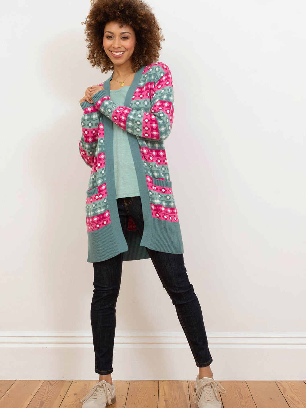 Florenysa – Cardigan lung cu model pentru femei, cu buzunare