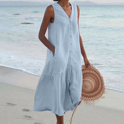 Women Sleeveless V-Neck Button Front Midi Dress Summer - Image 2