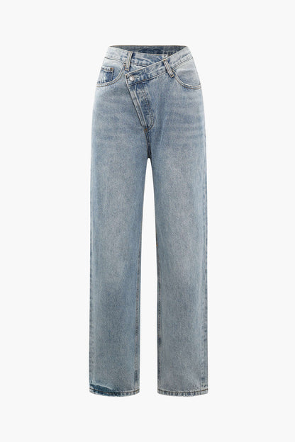 Elvarynn - Jeans de cintura asimétrica para mujer