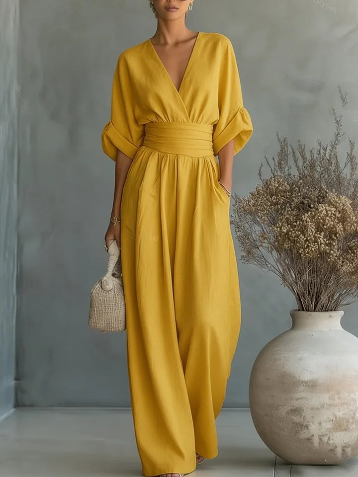 Monira - Elegant V Neck Wide Leg Jumpsuit