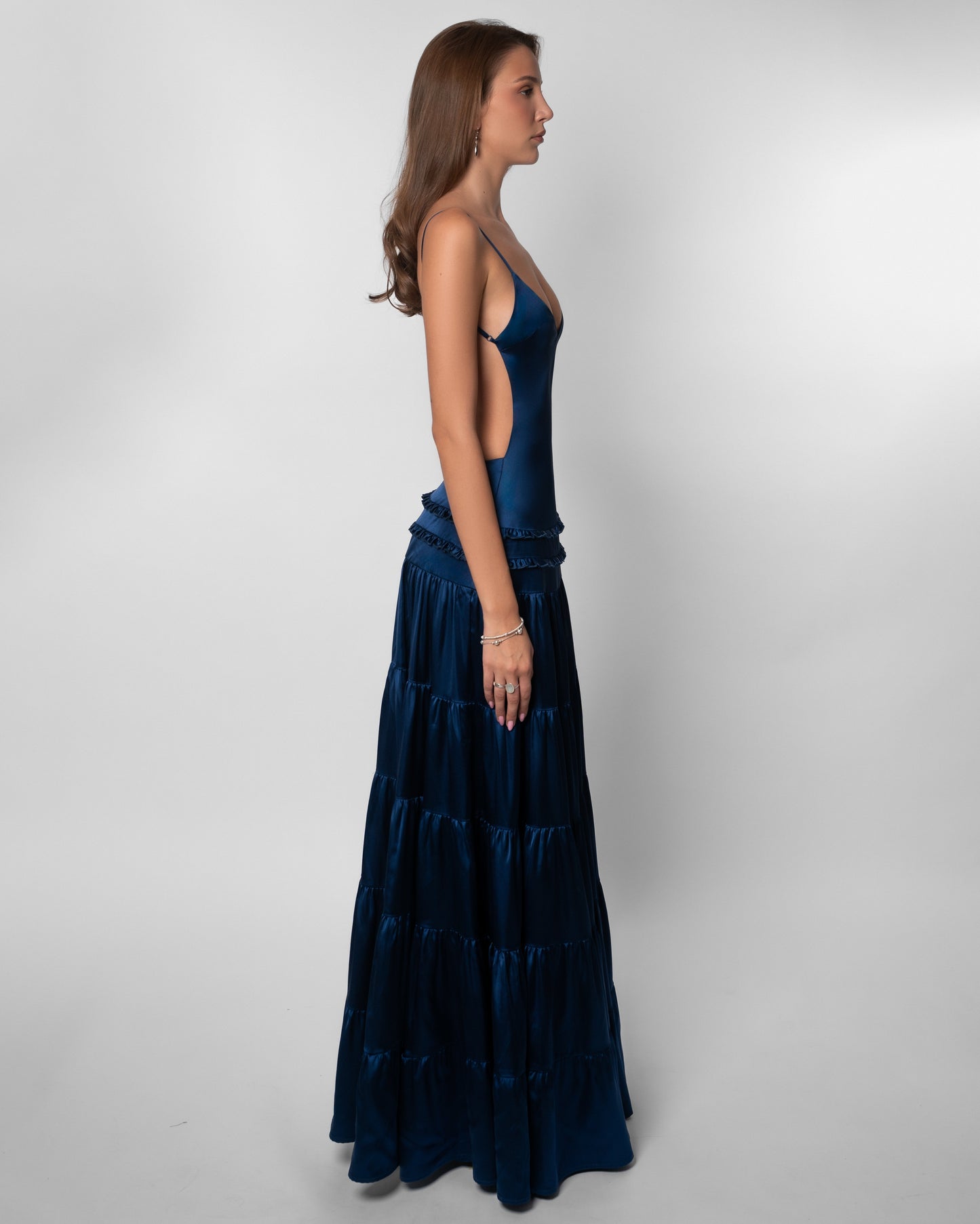 Leanne - Abito lungo elegante da donna con scollo a V e ritaglio, vestibilità aderente