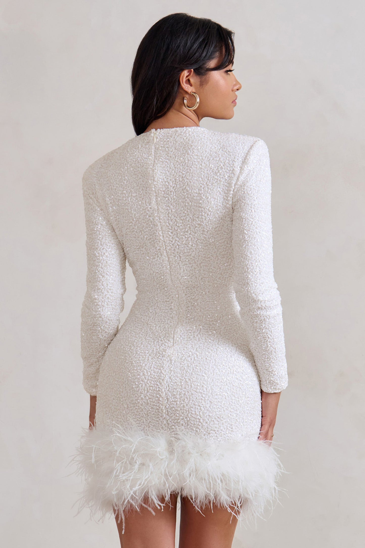 Cedarine - Robe mini à ourlet plumes pour femmes, manches longues