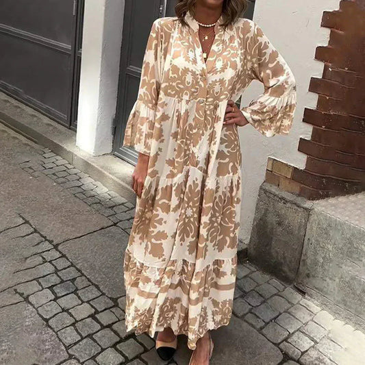Vanira - Rochie elegantă cu mâneci lungi și imprimeu floral, cu volane