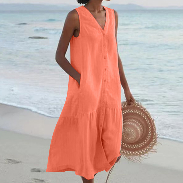 Women Sleeveless V-Neck Button Front Midi Dress Summer - Image 5