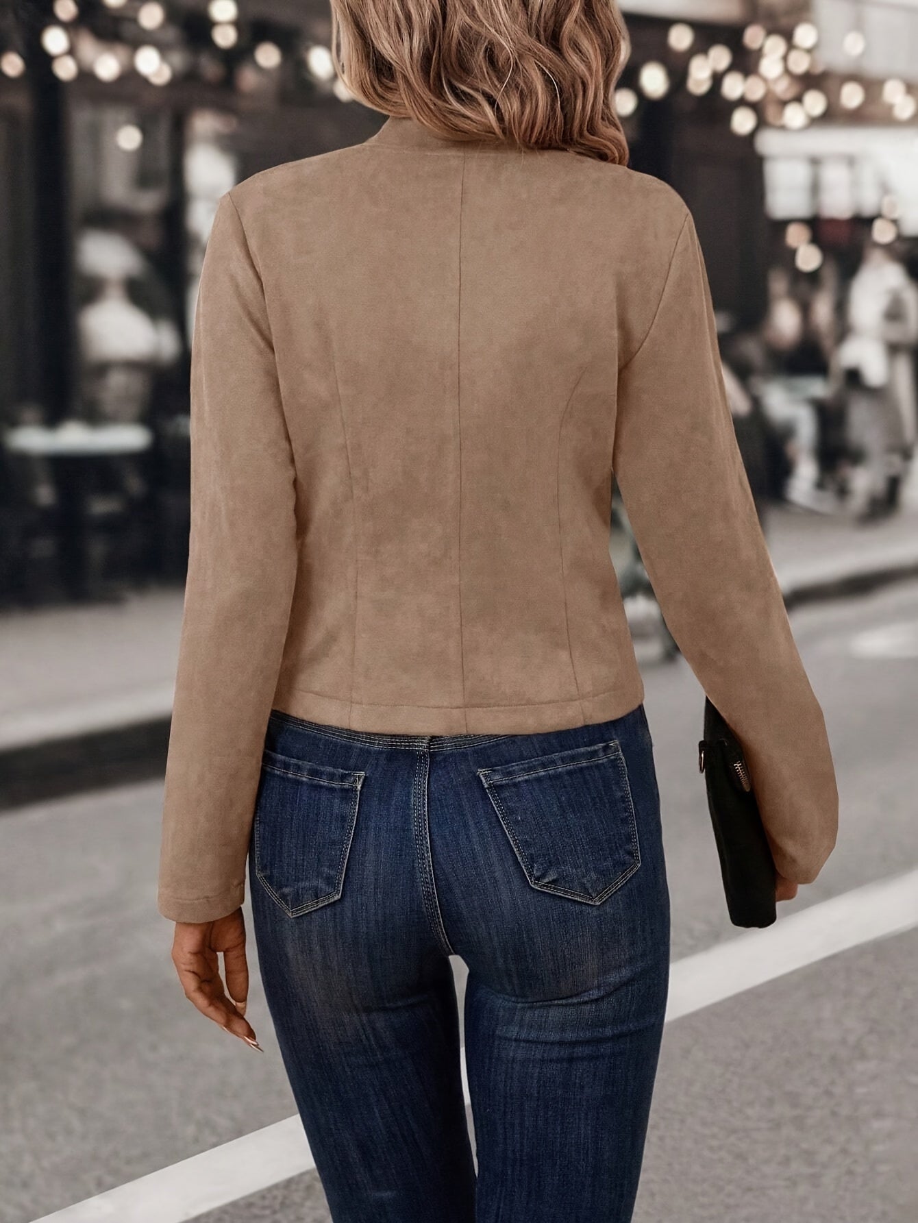Women Faux Suede Double-Breasted Open Front Jacket - Image 2