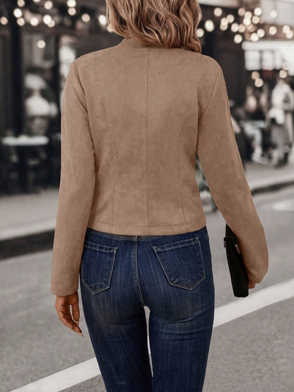 Women Faux Suede Double-Breasted Open Front Jacket - Image 2