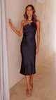 Women One Shoulder Satin Midi Dress Draped Cocktail - Image 2