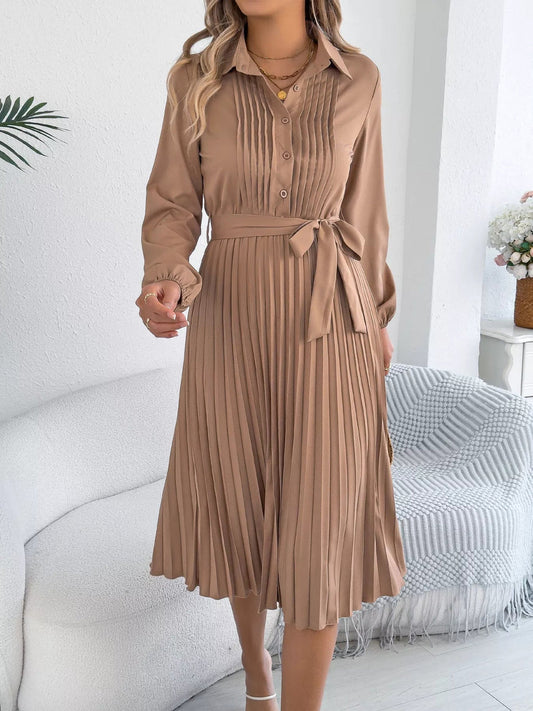 Nikarela – Pleated Long Sleeve Tie Waist Dress