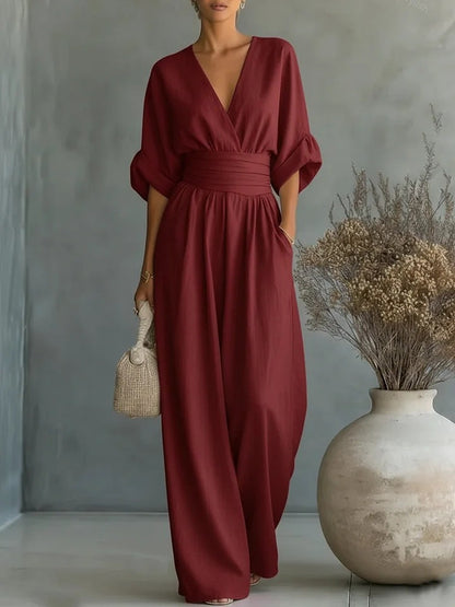 Monira - Elegant V Neck Wide Leg Jumpsuit
