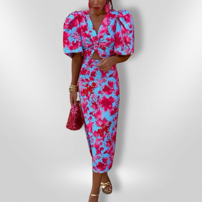 Evara - Pleated Sleeve Colourful Dress