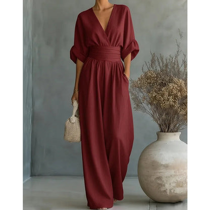 Monira - Elegant V Neck Wide Leg Jumpsuit