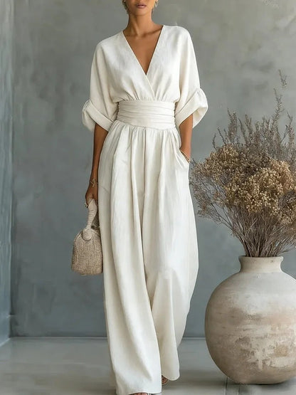 Monira - Elegant V Neck Wide Leg Jumpsuit