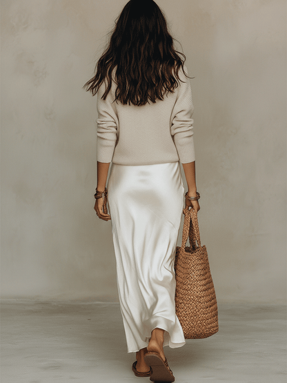 Women Ivory Knit Satin Midi Dress Set Two Piece - Image 4