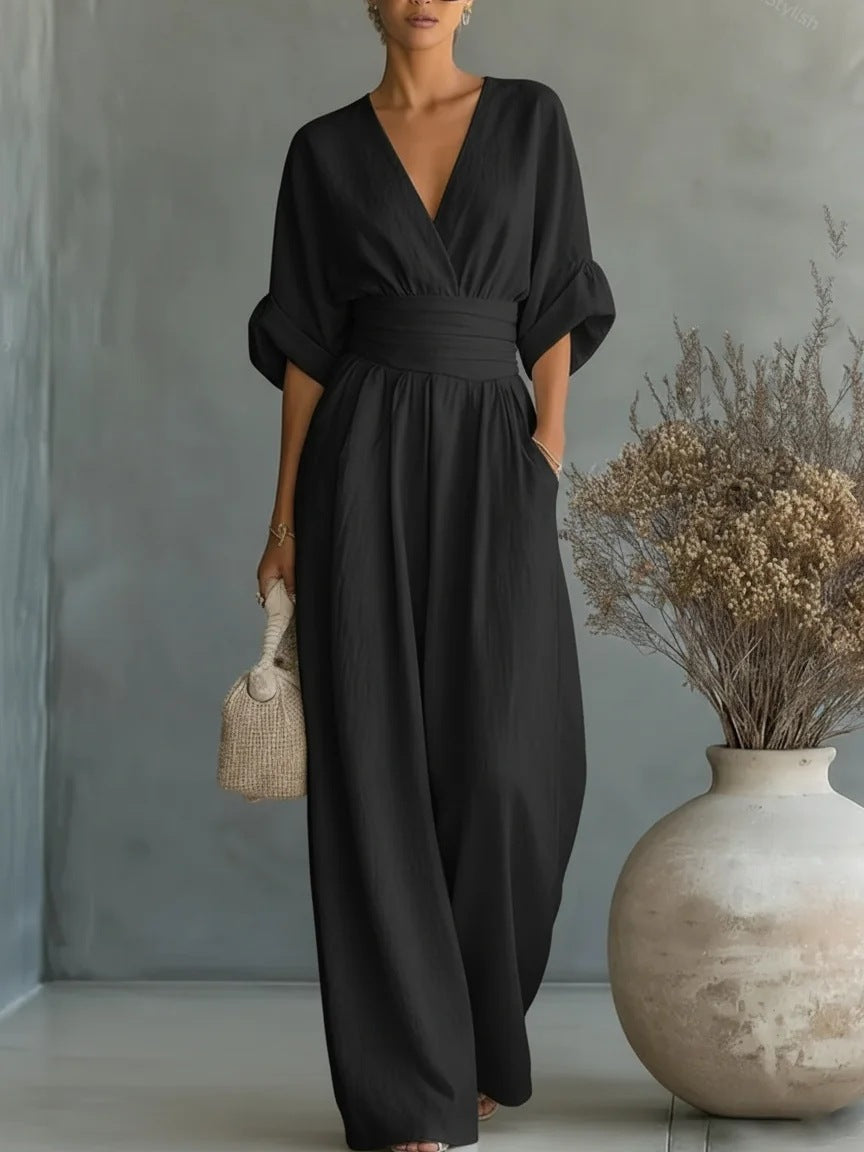 Monira - Elegant V Neck Wide Leg Jumpsuit