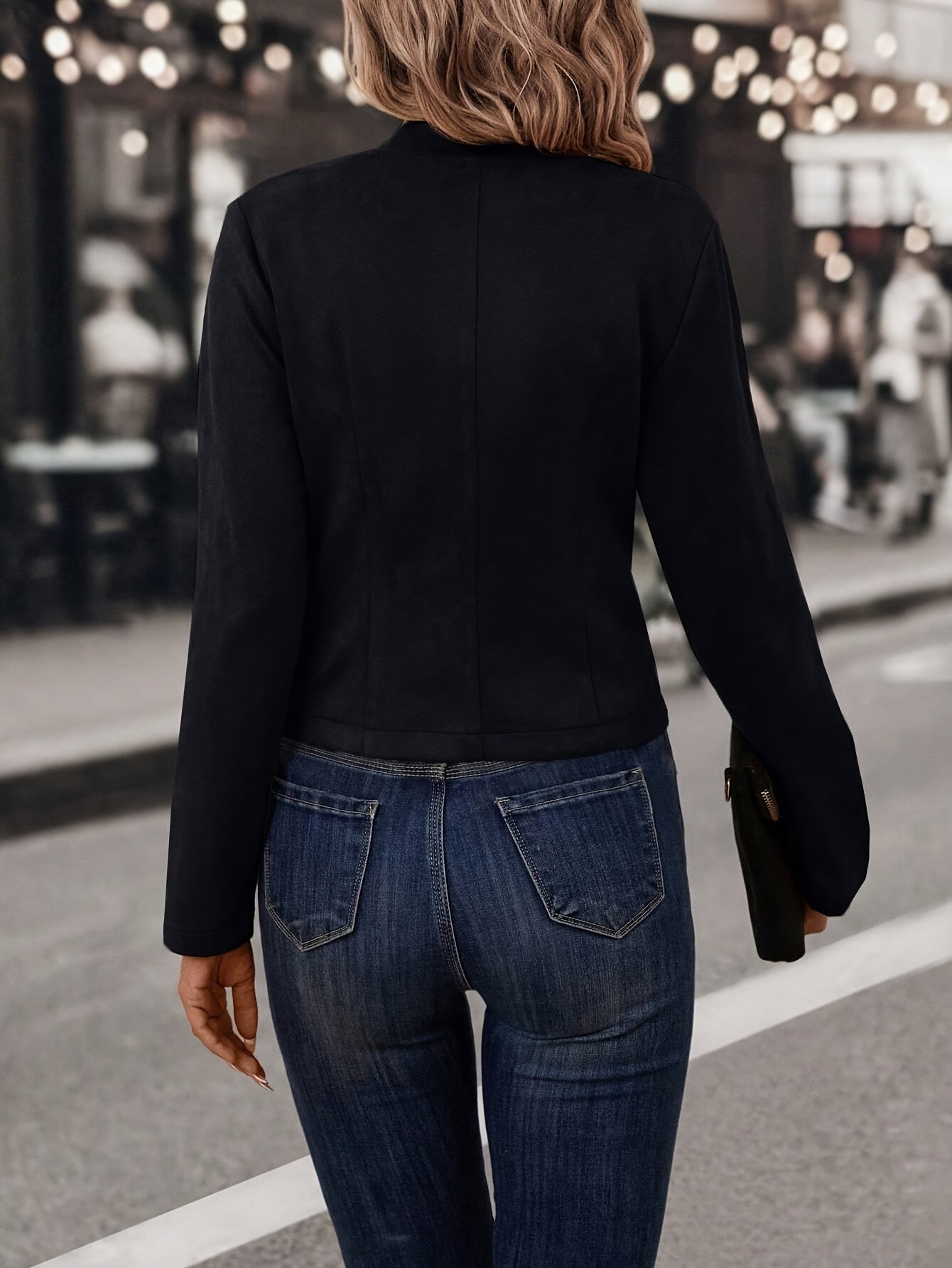 Women Faux Suede Double-Breasted Open Front Jacket - Image 7