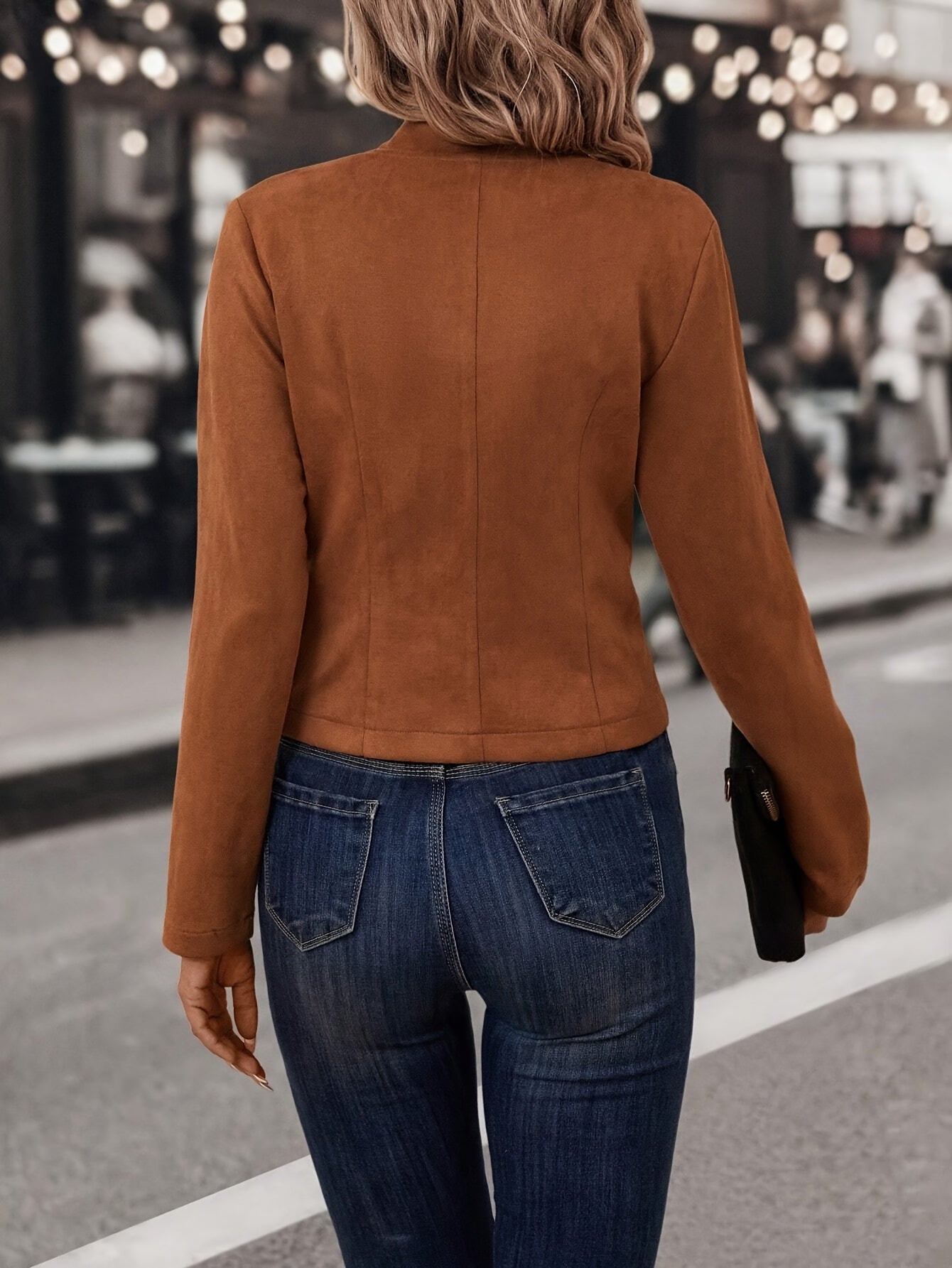 Women Faux Suede Double-Breasted Open Front Jacket - Image 5