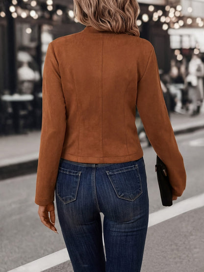 Women Faux Suede Double-Breasted Open Front Jacket - Image 5