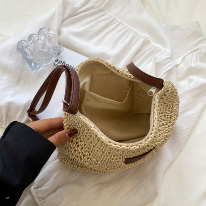 Women Straw Shoulder Bag Vegan Leather Strap - Image 6