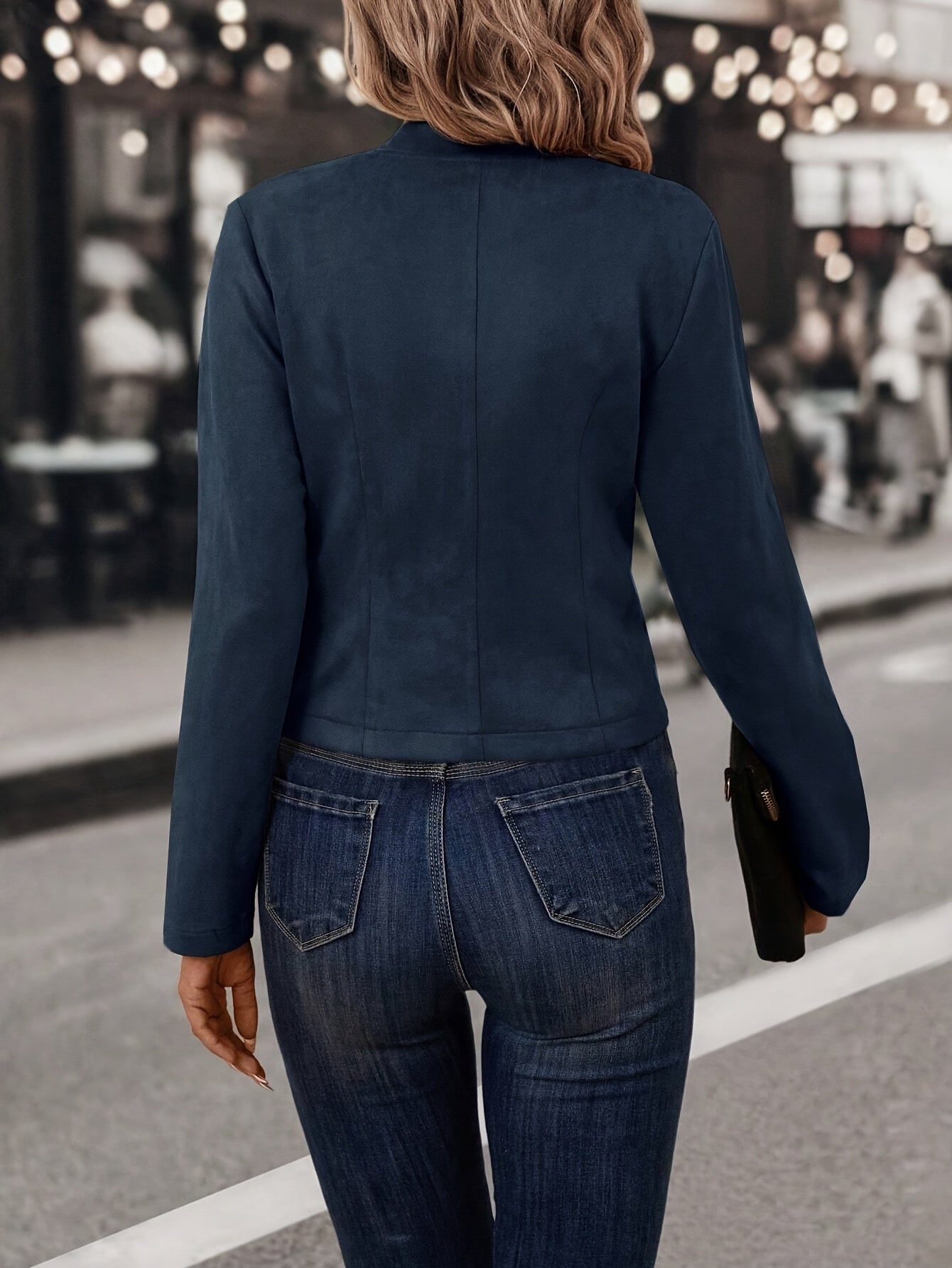 Women Faux Suede Double-Breasted Open Front Jacket - Image 6