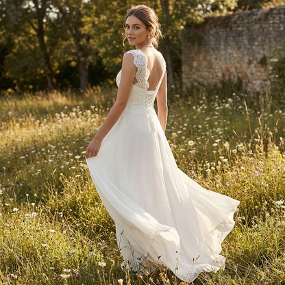 Narielle – Robe de mariée longue avec corsage en dentelle blanche