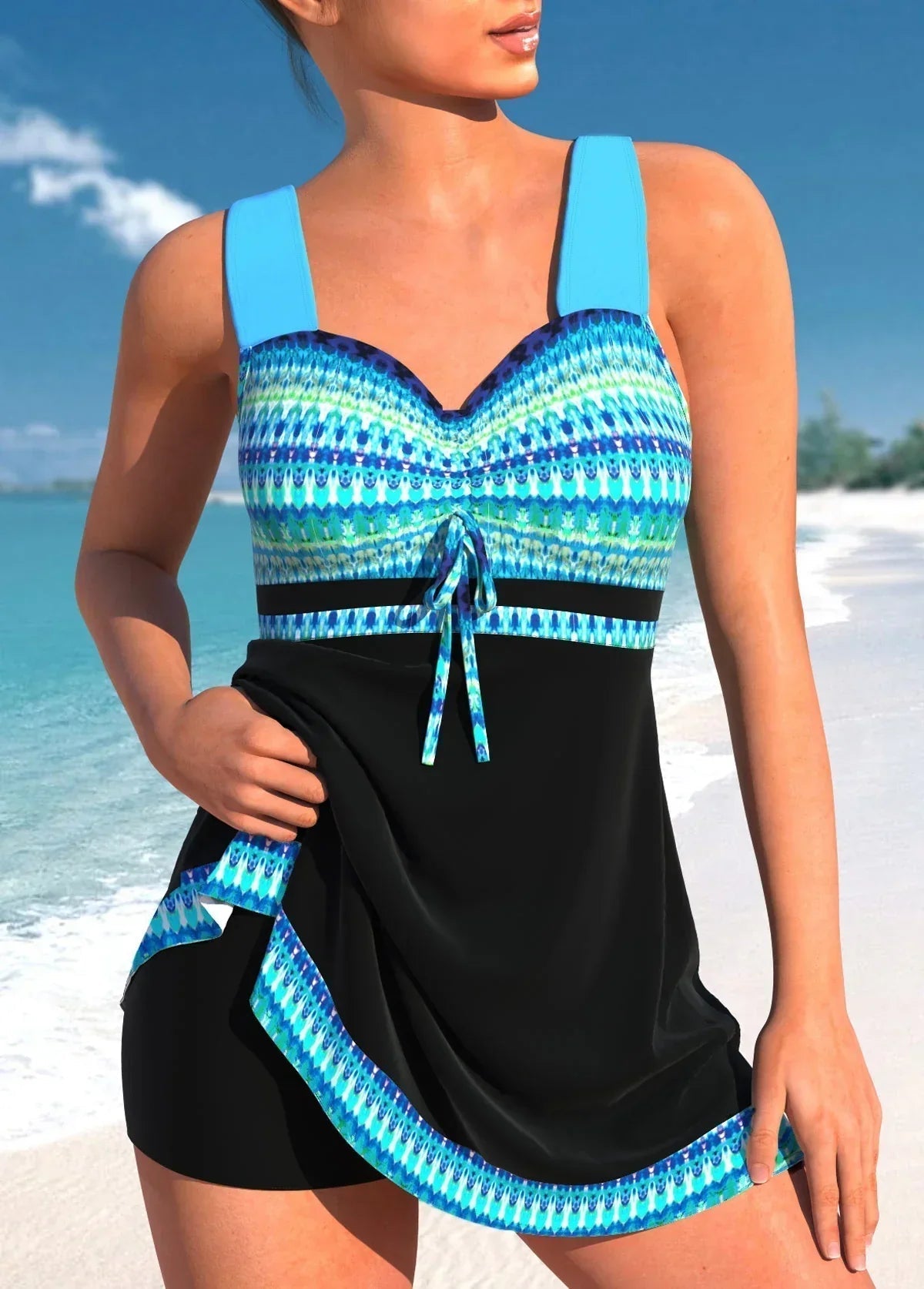 Women Two Piece Swim Dress with Shorts Tie Front Patterned - Image 2