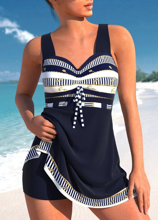 Women Two Piece Swim Dress with Shorts Tie Front Patterned