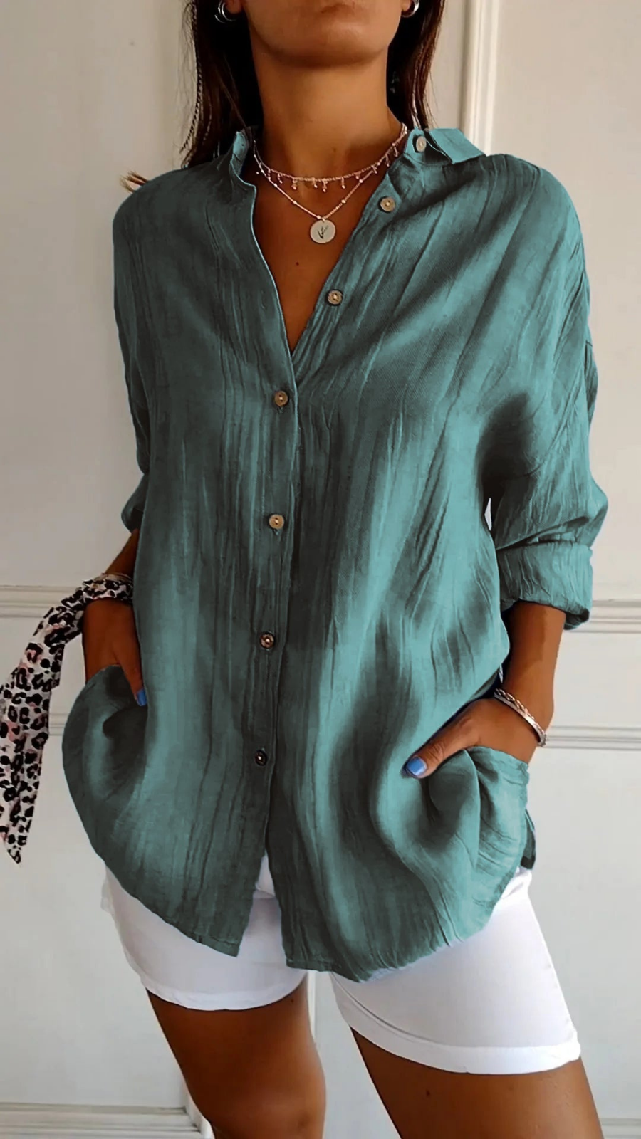 Women Linen Oversized Button-Down Shirt - Image 6