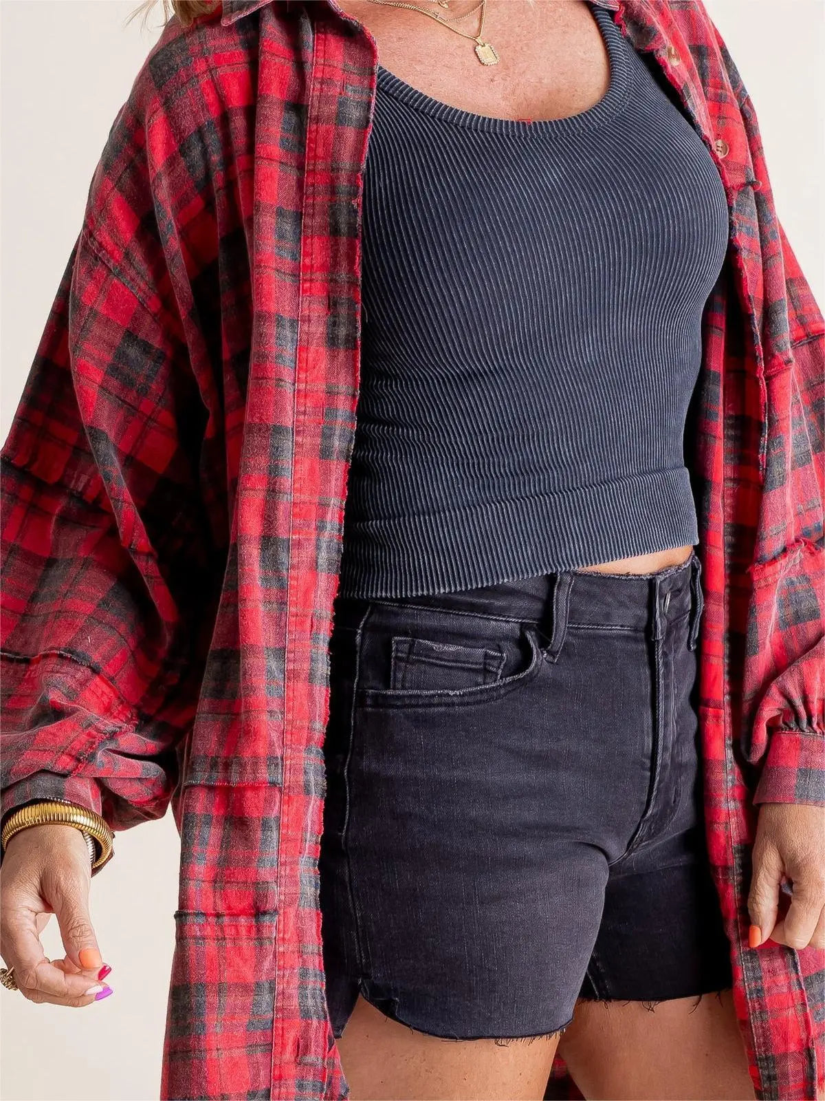 Brushed Check Shirt with Frayed Hem for Women Azzoria