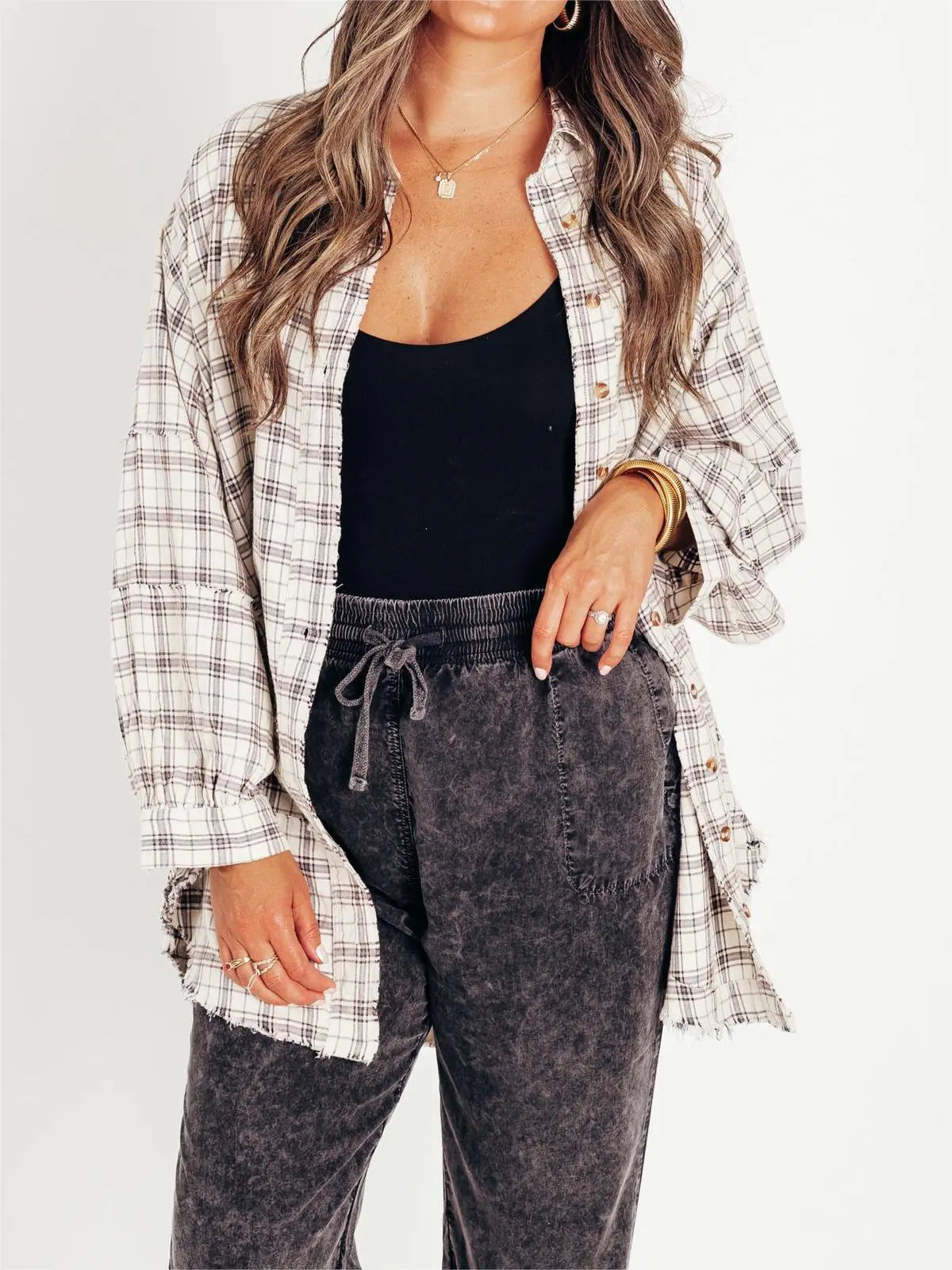 Brushed Check Shirt with Frayed Hem for Women Azzoria