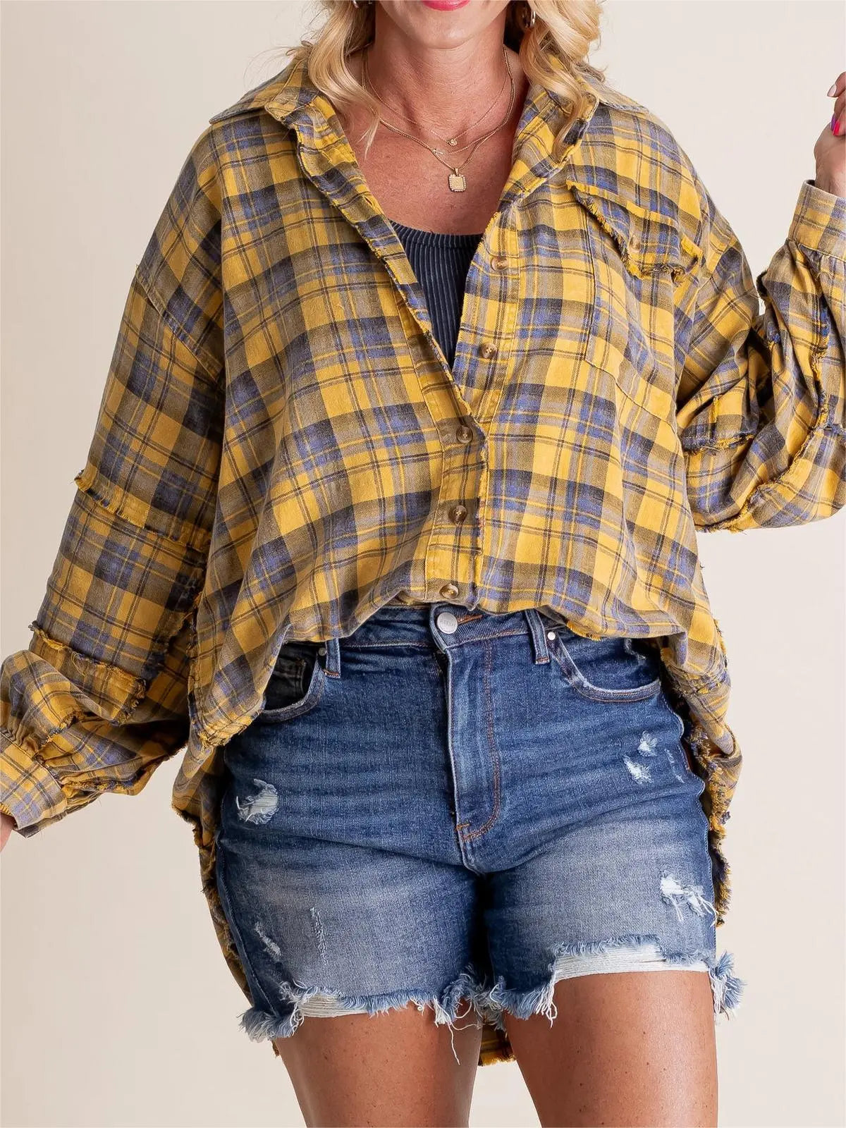 Brushed Check Shirt with Frayed Hem for Women Azzoria