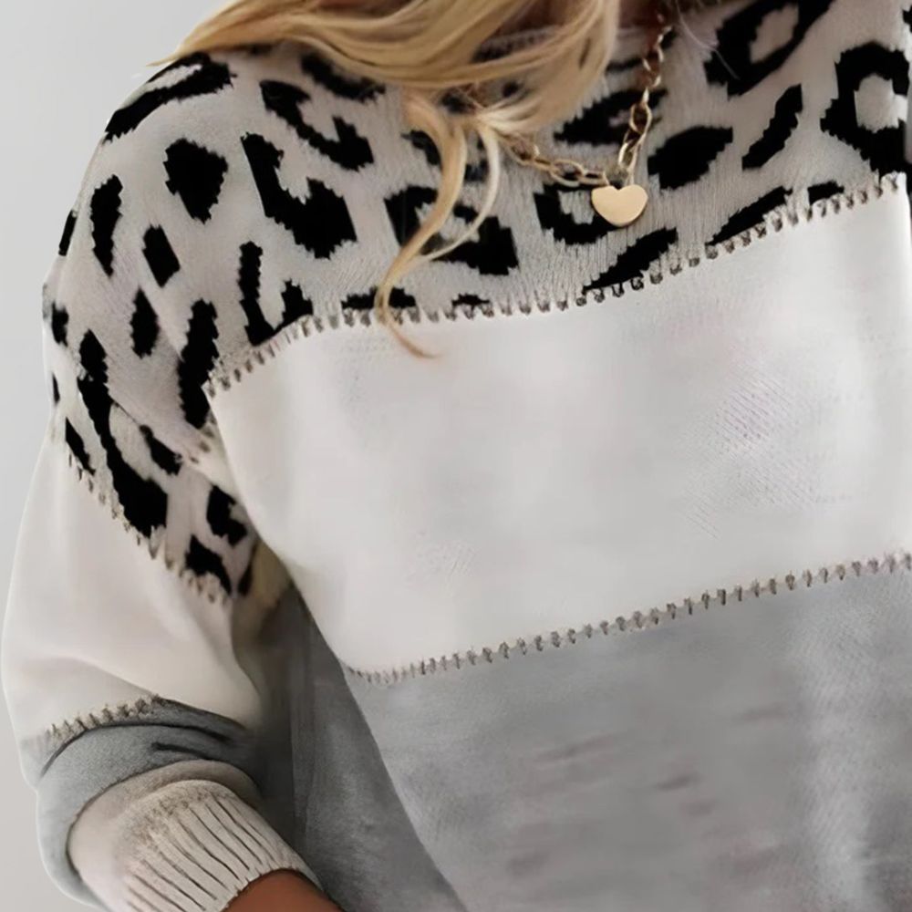 Vioren – Pull doux en tricot pour femme avec blocs de couleur et motif léopard