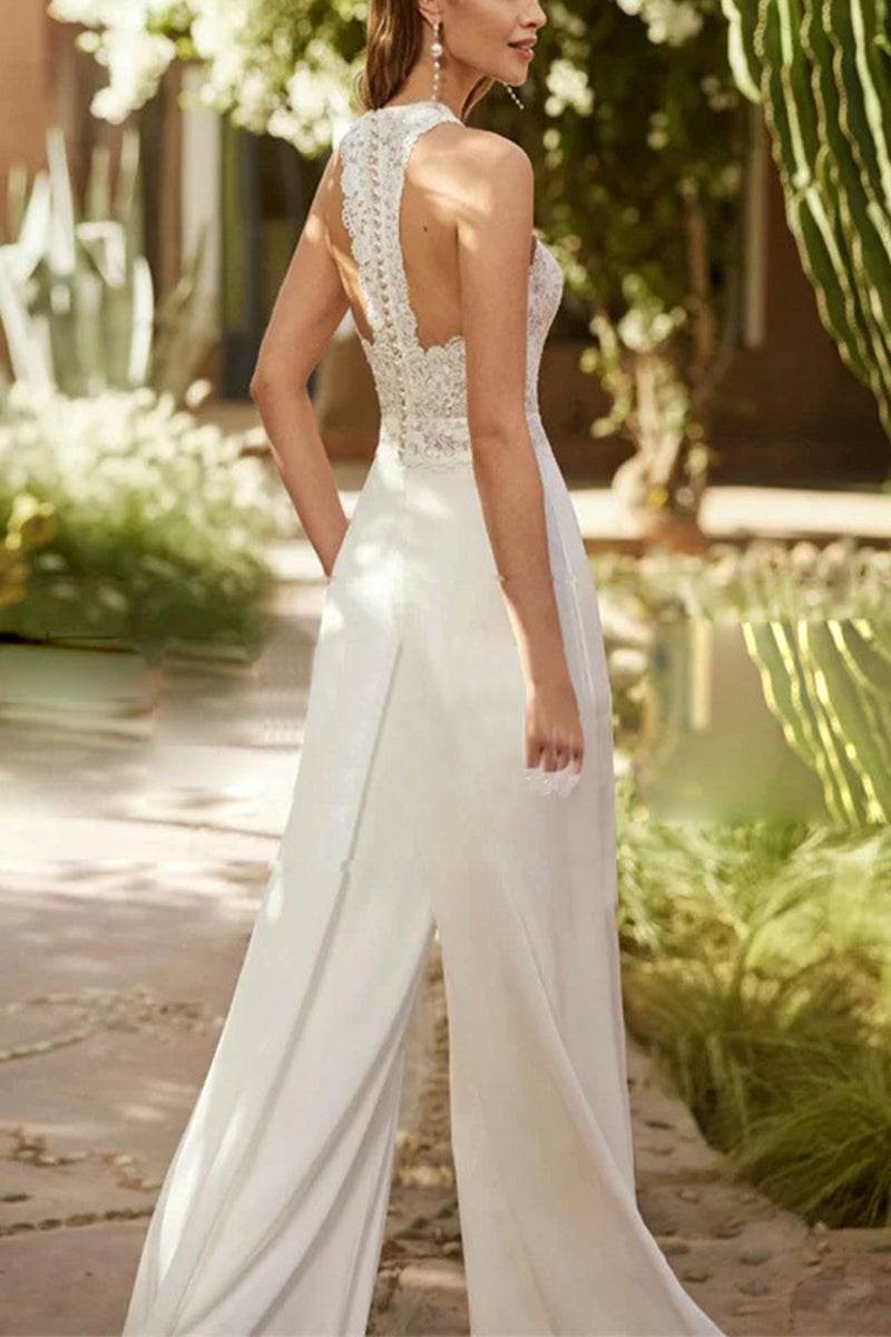 Women Halter Floor Length Bridal Jumpsuit Wide Leg - Image 2