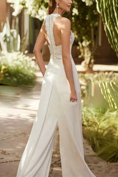 Women Halter Floor Length Bridal Jumpsuit Wide Leg - Image 2