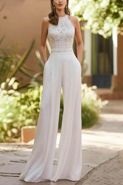 Women Halter Floor Length Bridal Jumpsuit Wide Leg