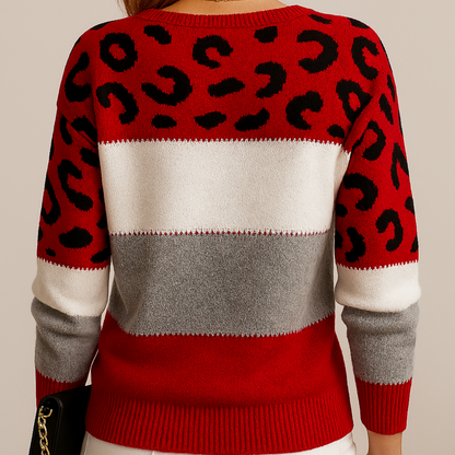 Vioren – Pull doux en tricot pour femme avec blocs de couleur et motif léopard