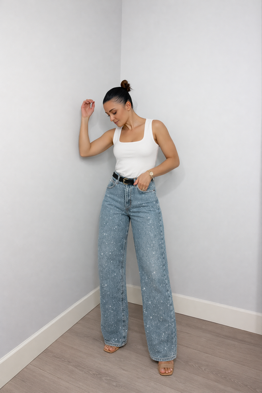 Vivian - Jean droit taille haute avec détails pailletés