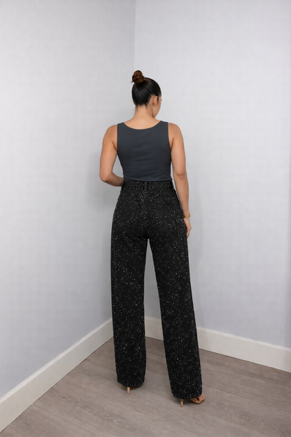 Vivian - Jean droit taille haute avec détails pailletés