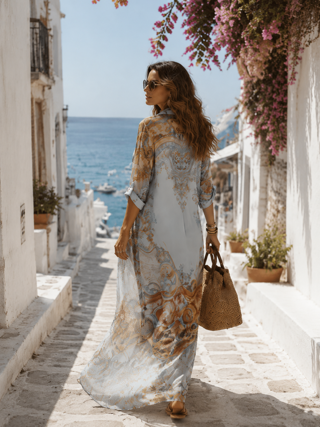 Women Chiffon Print Maxi Dress Shirt Collar Summer Vacation - Image 4