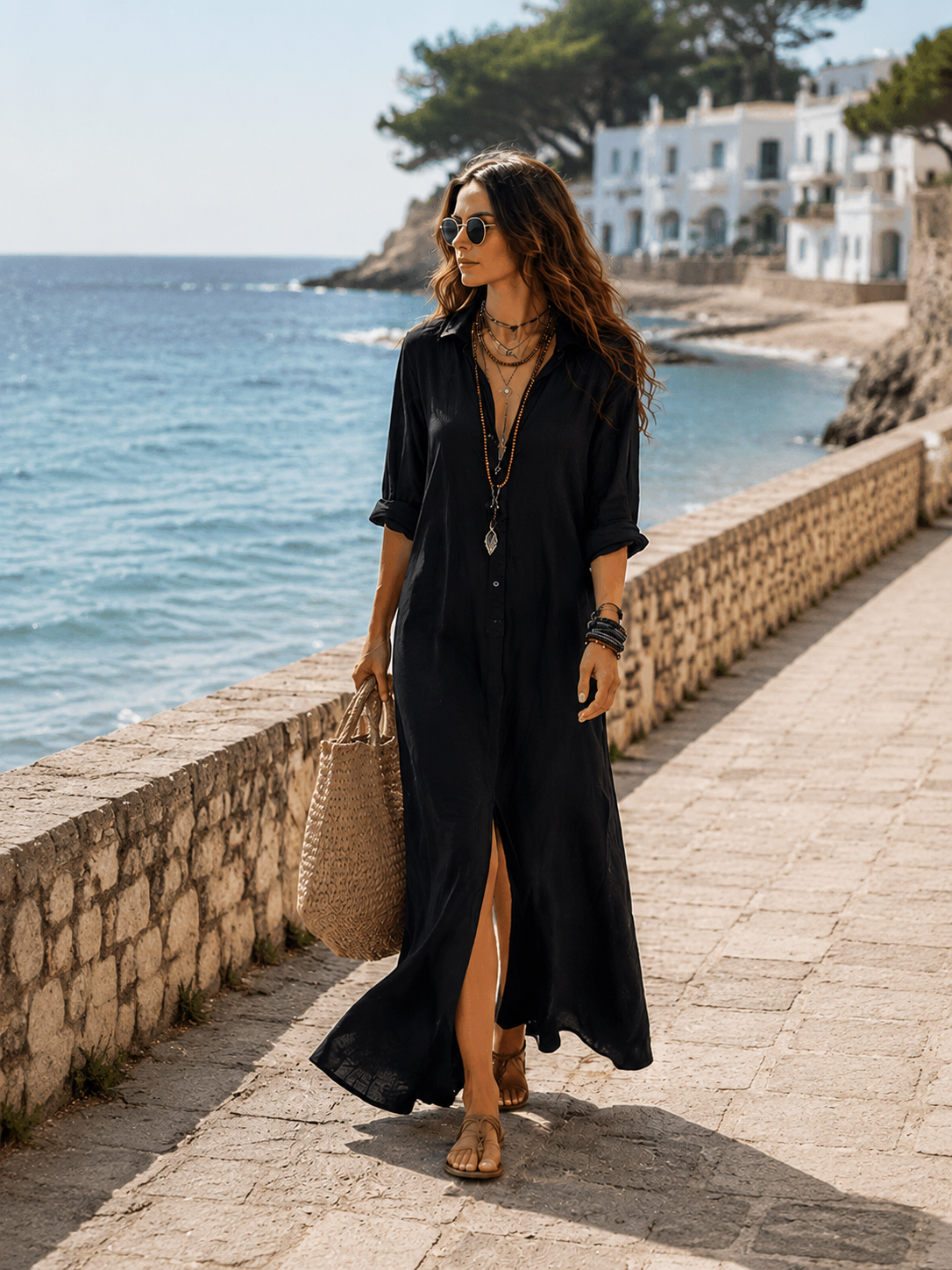 Women Black Button Front Boho Long Sleeve Shirt Maxi Dress - Image 2