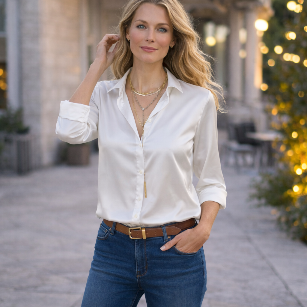 Women Satin V-Neck Long Sleeve Blouse - Image 8