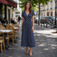 Women Polka Dot Midi Dress Waist Tie V-Neck Flowy Casual