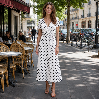 Women Polka Dot Midi Dress Waist Tie V-Neck Flowy Casual - Image 2