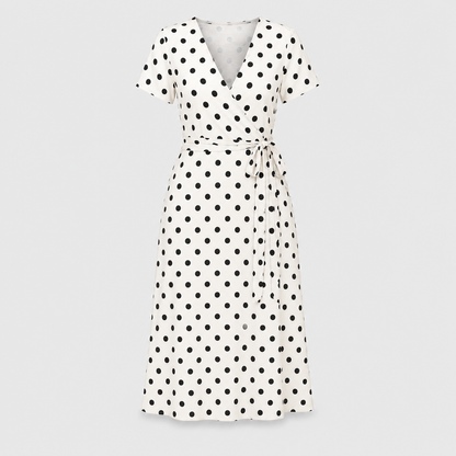 Women Polka Dot Midi Dress Waist Tie V-Neck Flowy Casual - Image 5