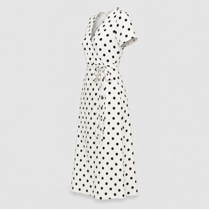 Women Polka Dot Midi Dress Waist Tie V-Neck Flowy Casual - Image 6