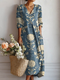 Women Linen Floral V-Neck Midi Dress Boho Pockets