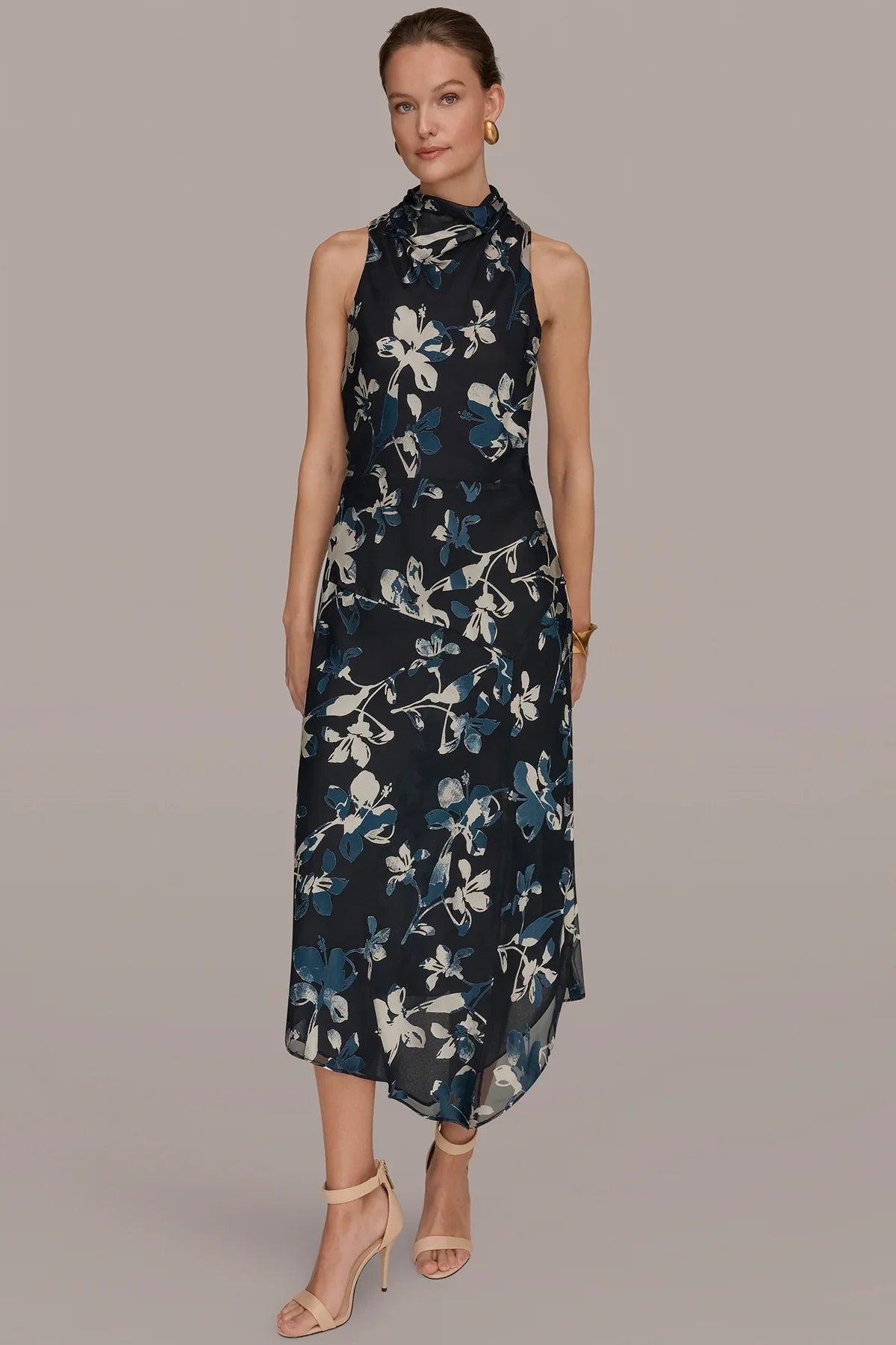 Women Floral Burnout Mock Neck Midi Dress Asymmetric Hem - Image 12